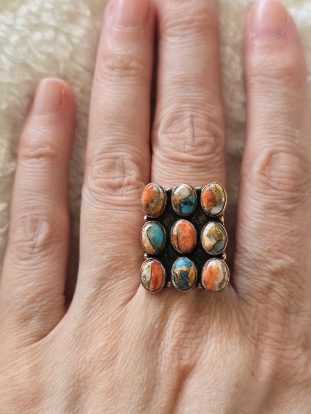 Spiney Oyster Turquoise Square Grid Pattern Ring In Copper, Southwestern - Picture 3 of 3
